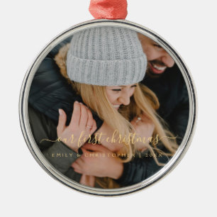 Our First Christmas Hand Lettered Photo Template Metal Ornament
