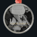Our First Christmas Hand Lettered Photo Template Metal Ornament<br><div class="desc">Our First Christmas Hand Lettered Black and White Photo Template Ornament with your name and picture makes a perfect Personalised Christmas Gift for married newlyweds after their wedding. This modern and elegant photo Christmas ornament makes a great gift for a grandma,  grandpa,  mum or dad.</div>