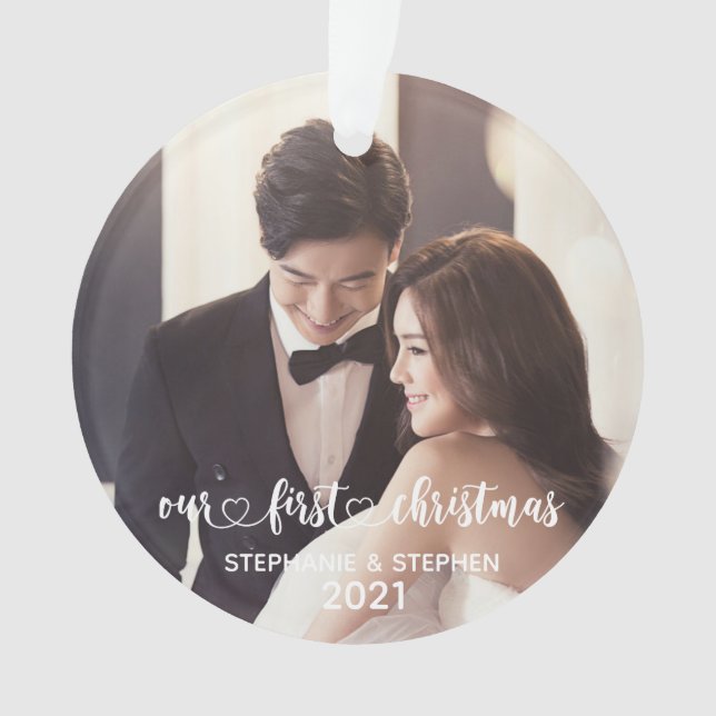 Our First Christmas Heart Hand Lettered Photo Ornament (Front)