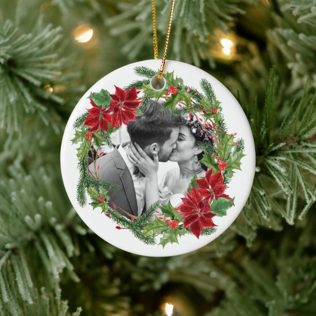Our first Christmas Holiday Wreath Photo Ceramic Ornament (Tree)