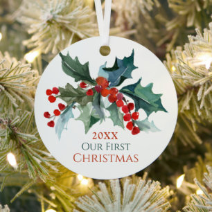 Our First Christmas Holly and Berries with Names Metal Tree Decoration