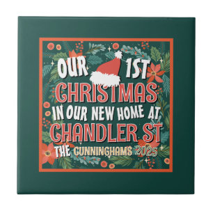 Our First Christmas in our New Home Bold Wreath Ceramic Tile