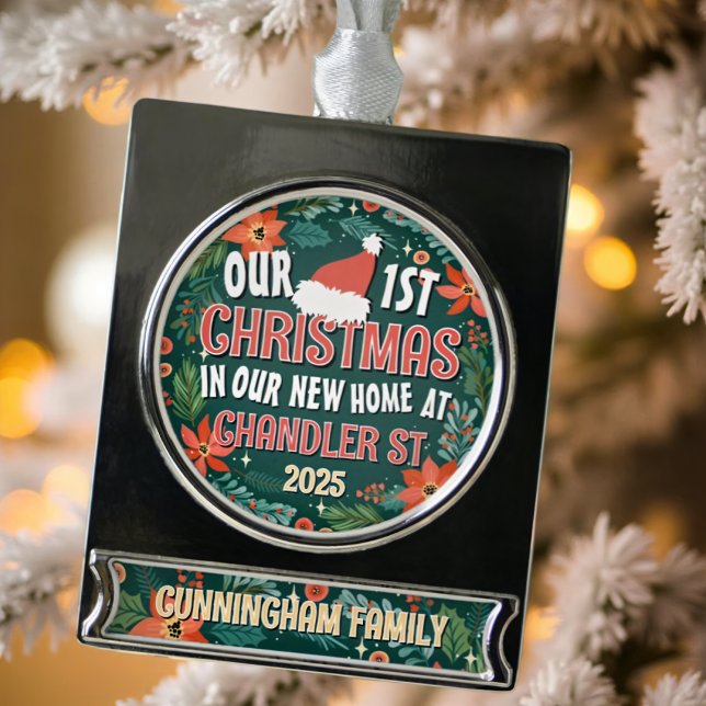 Our First Christmas in our New Home Bold Wreath Silver Plated Banner Ornament (Creator Uploaded)