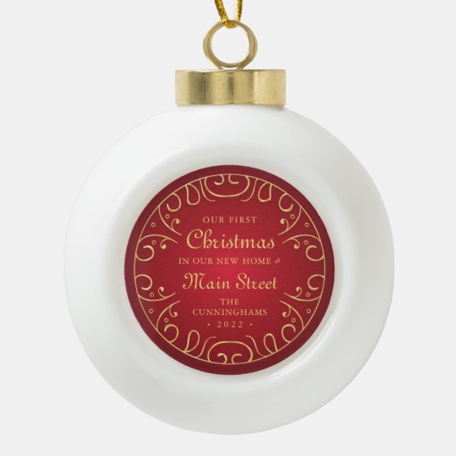 Our First Christmas in our New Home Faux Gold Ceramic Ball Christmas Ornament (Front)