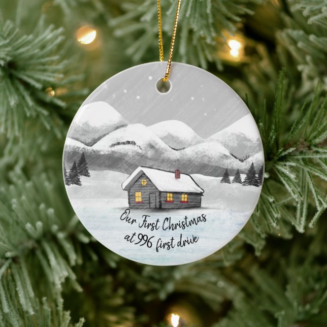 our first Christmas in our new home log cabin Ceramic Ornament (Tree)