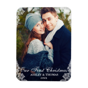 Our First Christmas Lace Border Couple Photo Magnet
