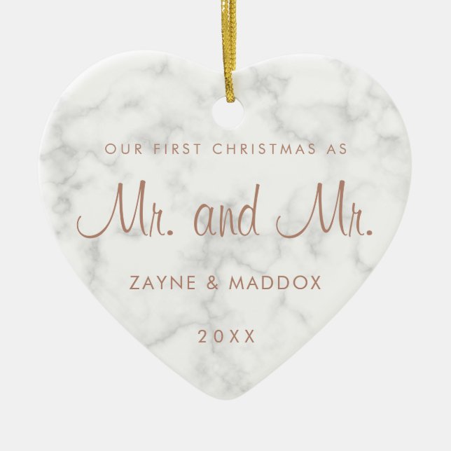 Our First Christmas Marble Rose Gold Gay Ceramic Ornament (Front)