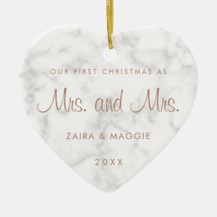 Our First Christmas Marble Rose Gold Lesbian Ceramic Ornament