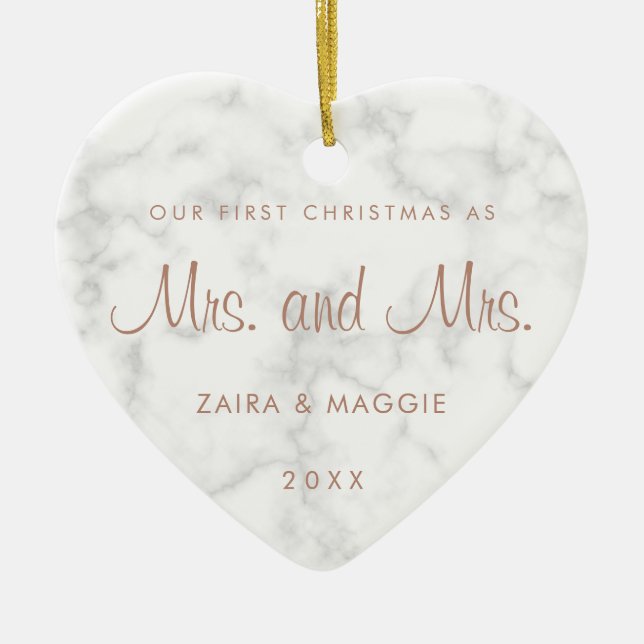 Our First Christmas Marble Rose Gold Lesbian Ceramic Ornament (Front)