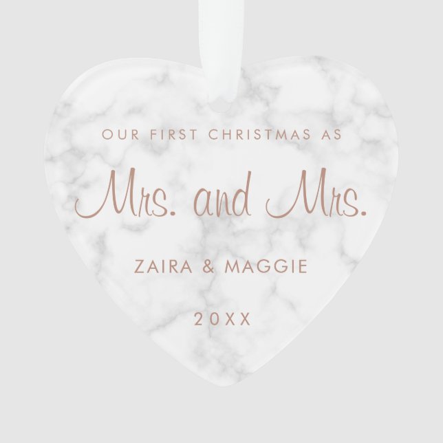 Our First Christmas Marble Rose Gold Lesbian Ornament (Front)