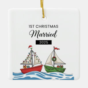 Our First Christmas Married 2025 Cute Nautical Ceramic Ornament