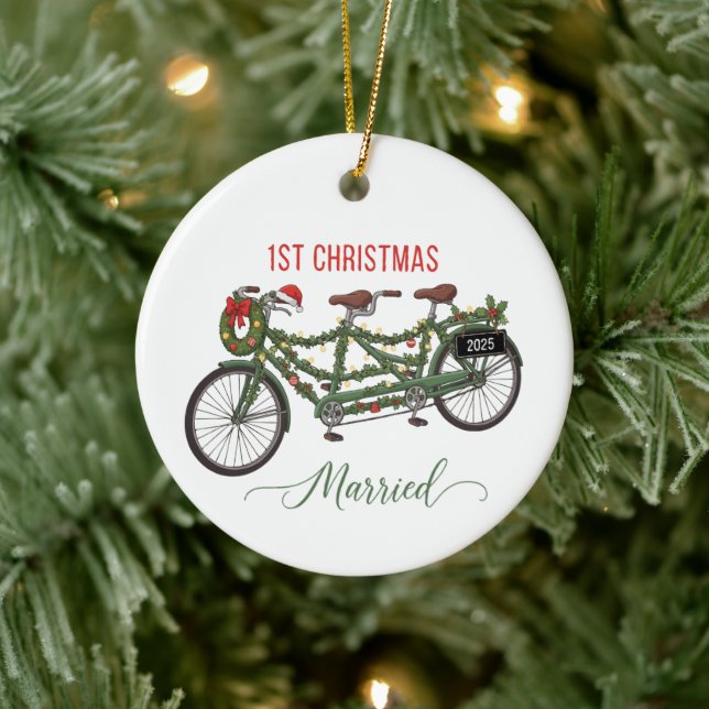 Our First Christmas Married 2025 | Cute Tandem  Ceramic Ornament (Tree)