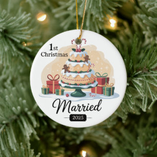 Our First Christmas Married 2025 Festive Cake Ne Ceramic Ornament