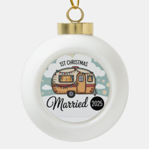 Our First Christmas Married 2025 Retro Camper Ceramic Ball Christmas Ornament
