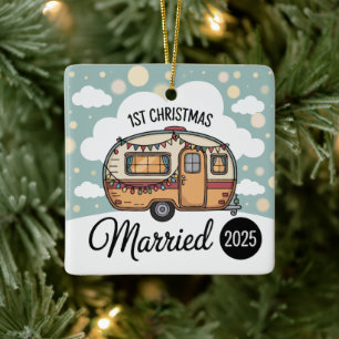 Our First Christmas Married 2025 Retro Camper Ceramic Ornament