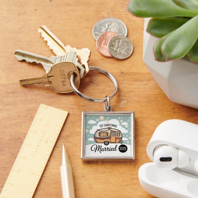 Our First Christmas Married 2025 | Retro Camper  Key Ring (Desk)