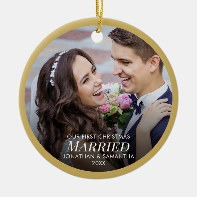 Our First Christmas Married 2 Photo Gold Christmas Ceramic Ornament (Front)
