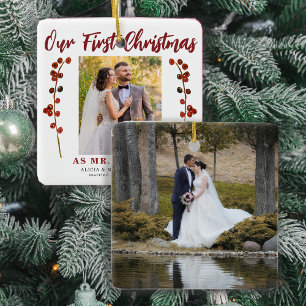 Our first Christmas married 2 photo modern Ceramic Ornament