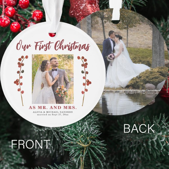Our first Christmas married 2 photo modern Ornament (Creator Uploaded)