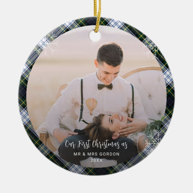 Our First Christmas Married 2 Photos Gordon Tartan Ceramic Ornament (Front)