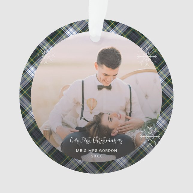 Our First Christmas Married 2 Photos Plaid Tartan Ornament (Front)