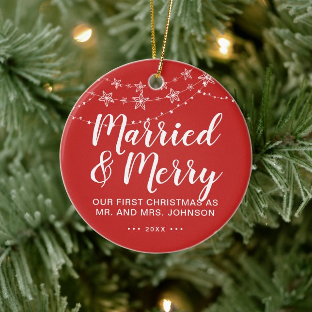 Our First Christmas Married and Merry Photo Red Ceramic Ornament (Tree)