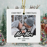 Our First Christmas Married as Mr and Mrs Photo Ceramic Ornament<br><div class="desc">Our First Christmas Married as Mr and Mrs Photo,  simple and minimalist Christmas holiday ornaments feature your favourite wedding photo with your  names and year,  A stylish keepsake for your first christmas as husband and wife.</div>