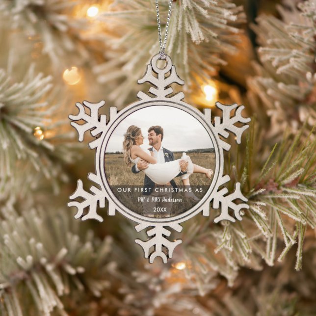 Our First Christmas Married as Mr and Mrs PHOTO Snowflake Pewter Christmas Ornament (Tree)