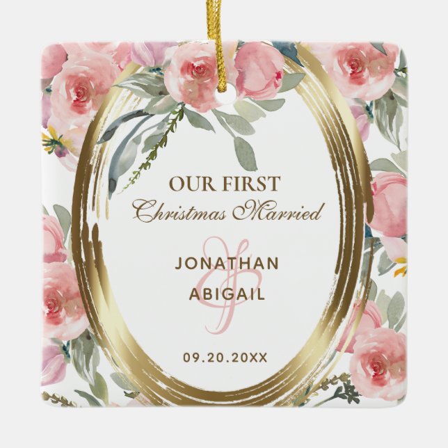 Our First Christmas Married Blush Floral Bible Ceramic Ornament (Front)