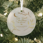 Our First Christmas Married Botanical Script  Glass Tree Decoration<br><div class="desc">This design features 'Our First Christmas Married' in a festive calligraphy script in gold colour,  surrounded by a light-of-the-moon botanical wreath.  Easily personalise your names and date of choice.  An Ideal,  lasting,  and memorable Christmas holiday gift for the newlyweds' first holiday as a married couple.</div>