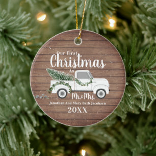 Our First Christmas Married Couple Wood Truck Ceramic Ornament