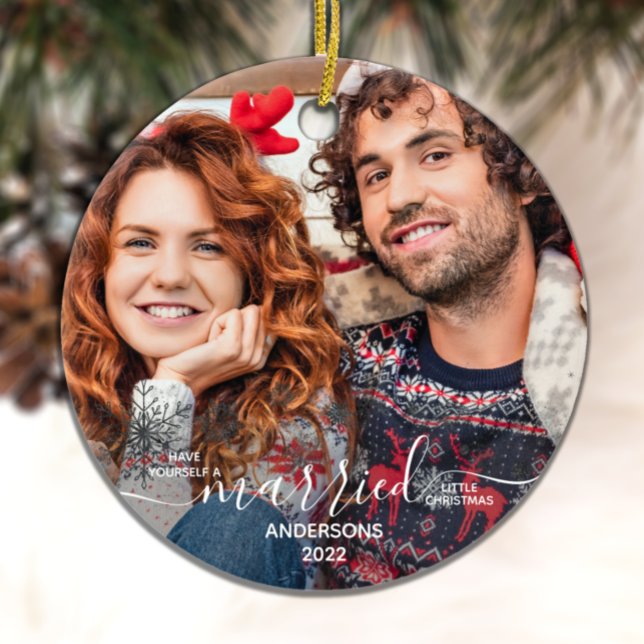 Our First Christmas Married Custom 2 Photo Ceramic Ornament (Creator Uploaded)
