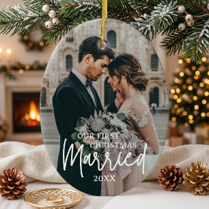 Our First Christmas Married Custom Photo Oval Ceramic Ornament