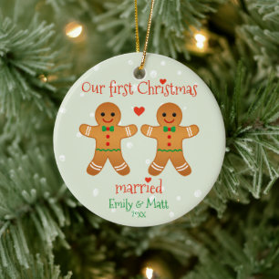 Our First Christmas Married - Cute Gingerbread Men Ceramic Ornament