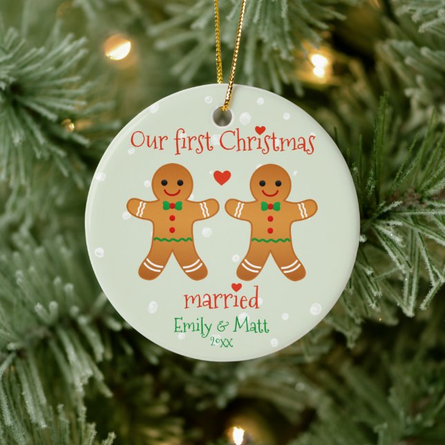 Our First Christmas Married - Cute Gingerbread Men Ceramic Ornament (Tree)