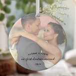 Our First Christmas Married Double Sided Photo Ceramic Ornament<br><div class="desc">A lovely keepsake for your First Christmas married. The template is set up for you to add your own photo, which will appear on the front and the back. There is a white semi-opaque overlay to softly mute your photo and highlight your wording. The wording is printed in a combo...</div>