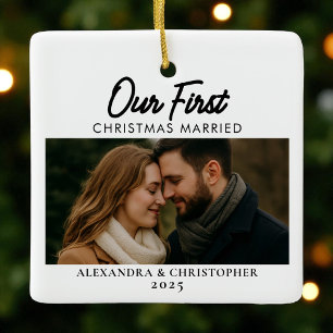 Our First Christmas Married Elegant Minimal Photo Ceramic Ornament