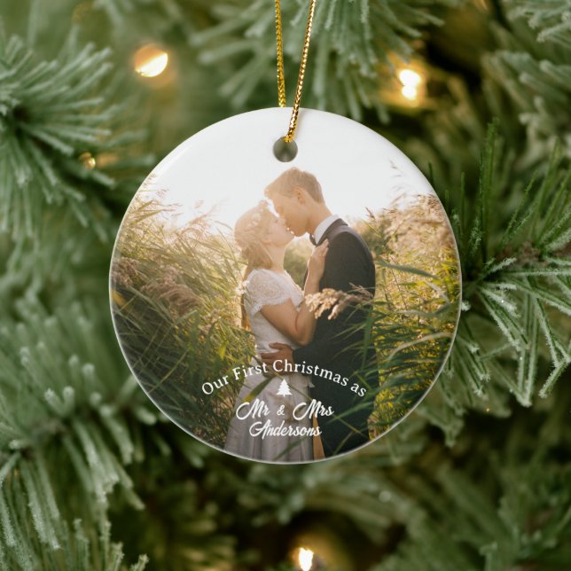 Our First Christmas Married Elegant Script Photo Ceramic Ornament (Tree)