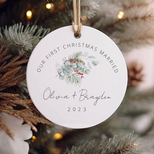 Our First Christmas Married Eucalyptus Ceramic Ornament (Creator Uploaded)