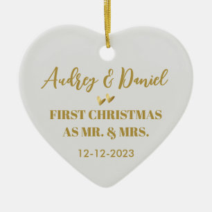 Our First Christmas Married Gift Gold Script Ceramic Ornament