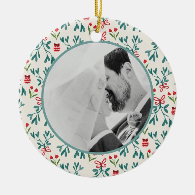 Our First Christmas Married Handpainted Mistletoe Ceramic Ornament (Front)