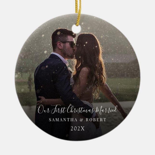 Our First Christmas Married Keepsake Photo Ceramic Ornament (Front)