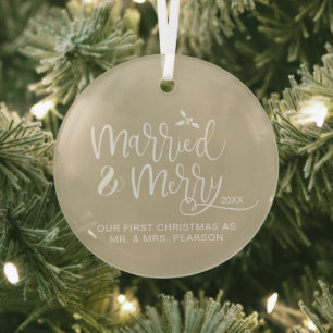 Our First Christmas Married Merry Neutral beige Glass Tree Decoration