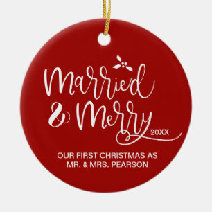 Our First Christmas, Married, Merry, Red, Photo Ceramic Ornament