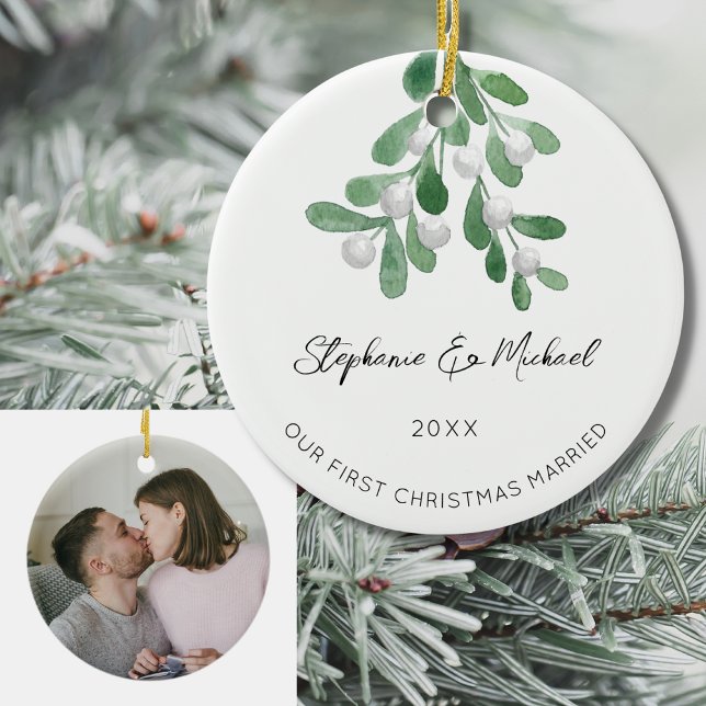 Our First Christmas Married Mistletoe Photo Ceramic Ornament (Creator Uploaded)