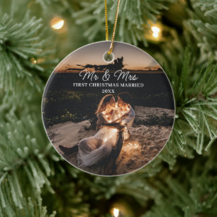 Our First Christmas Married Mr & Mrs Couple Photo  Ceramic Ornament