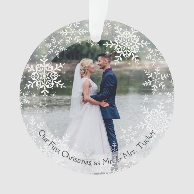 Our First Christmas Married Mr. & Mrs. Snowflakes Ornament (Front)