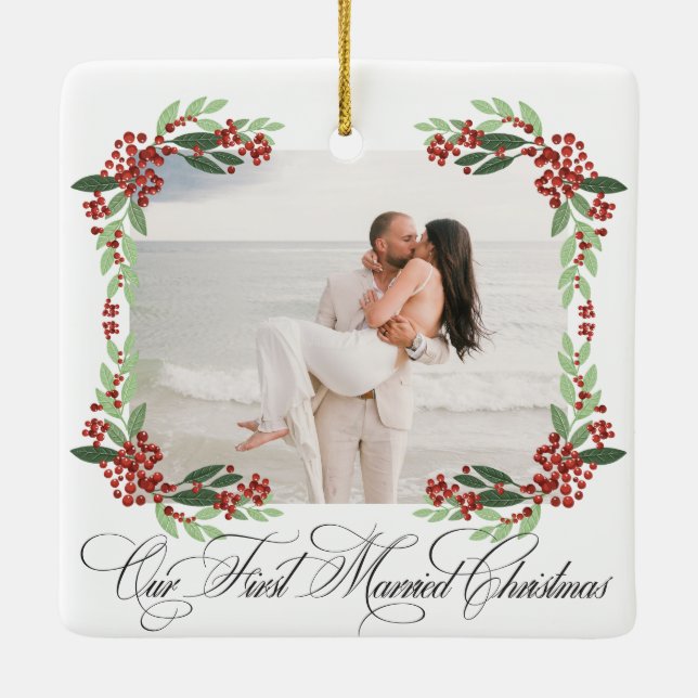 Our First Christmas Married | Newlywed Photo Ceramic Ornament (Back)