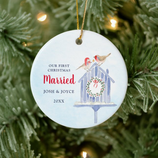 Our First Christmas Married Personalised Birdhouse Ceramic Ornament (Tree)
