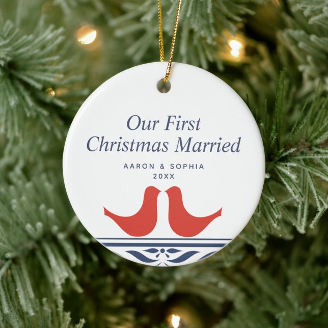 Our First Christmas Married Personalised Doves Ceramic Ornament (Tree)